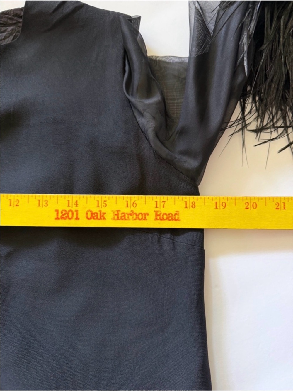 Vintage 60’s black cocktail dress w/ feather trim & sheer sleeves small - Picture 9 of 12